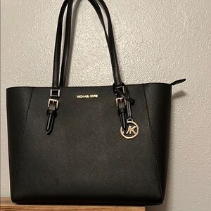 Michael Kors Black Leather Tote with gold Accents EUC 15x11